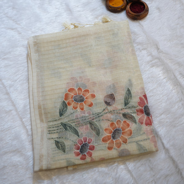 Dissu Fancy Sarees with Golden Checks Hand Painting Katha Work