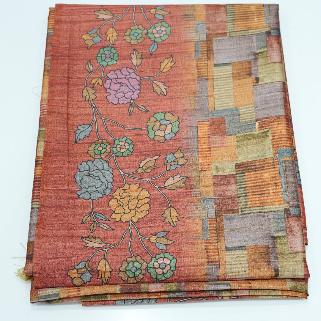 Semi Tussar With Checks Design Sarees Digital Print Saree