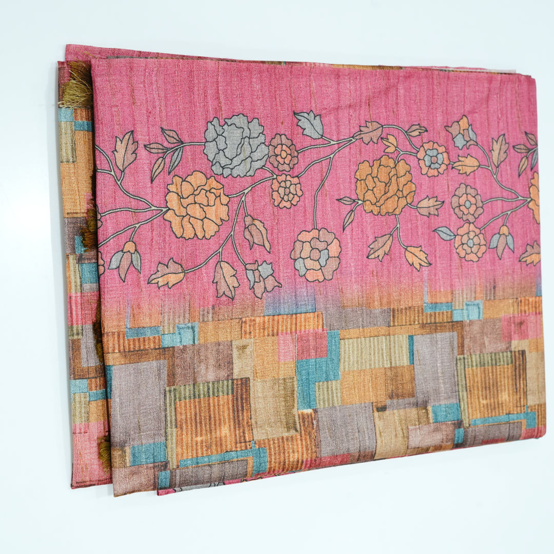 Semi Tussar With Checks Design Sarees Digital Print Saree
