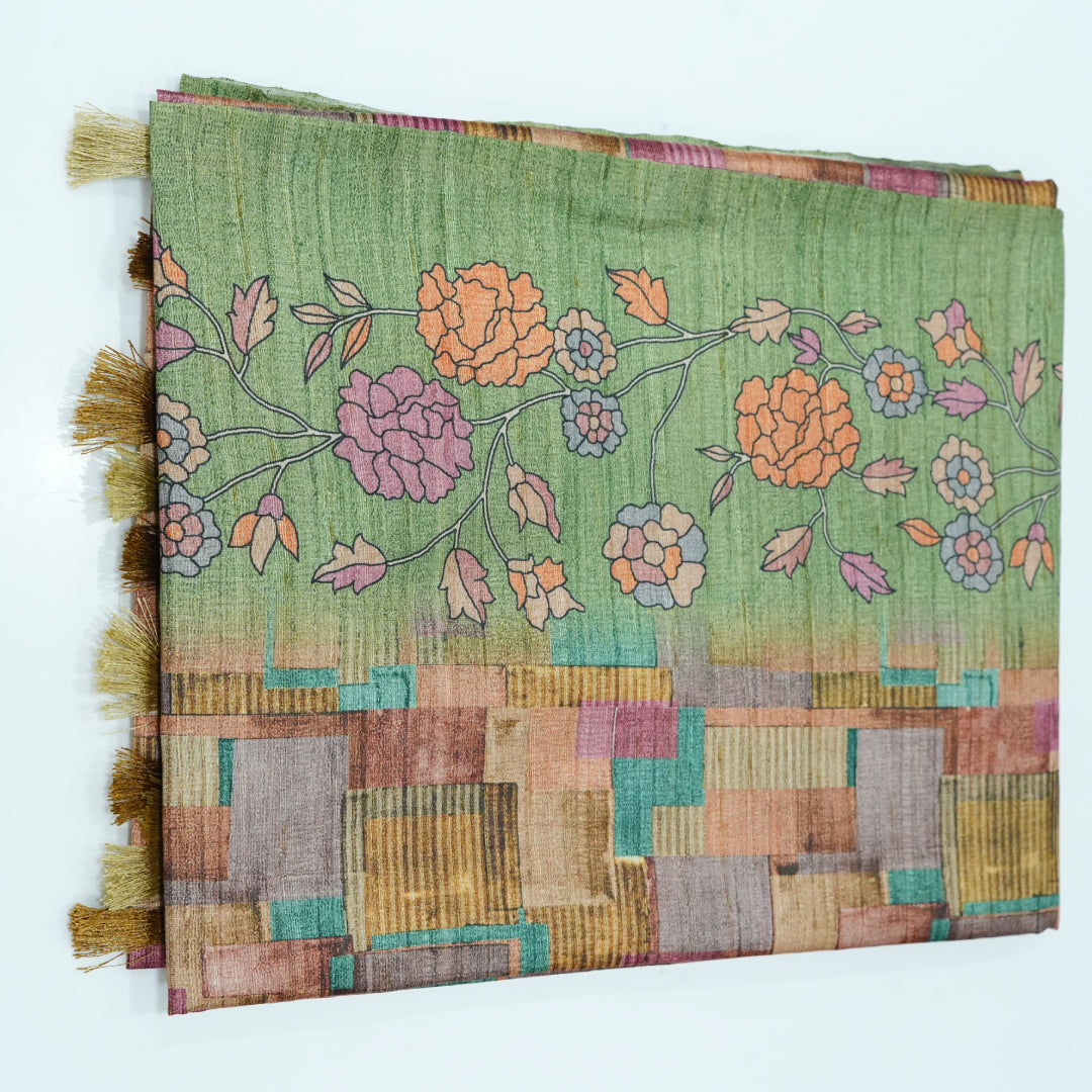 Semi Tussar With Checks Design Sarees Digital Print Saree