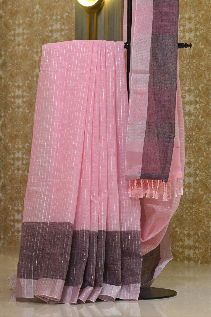 Linen Cotton Sarees with Allover Body Silver Zari Line and Contrast Blue Colour Mixed Border