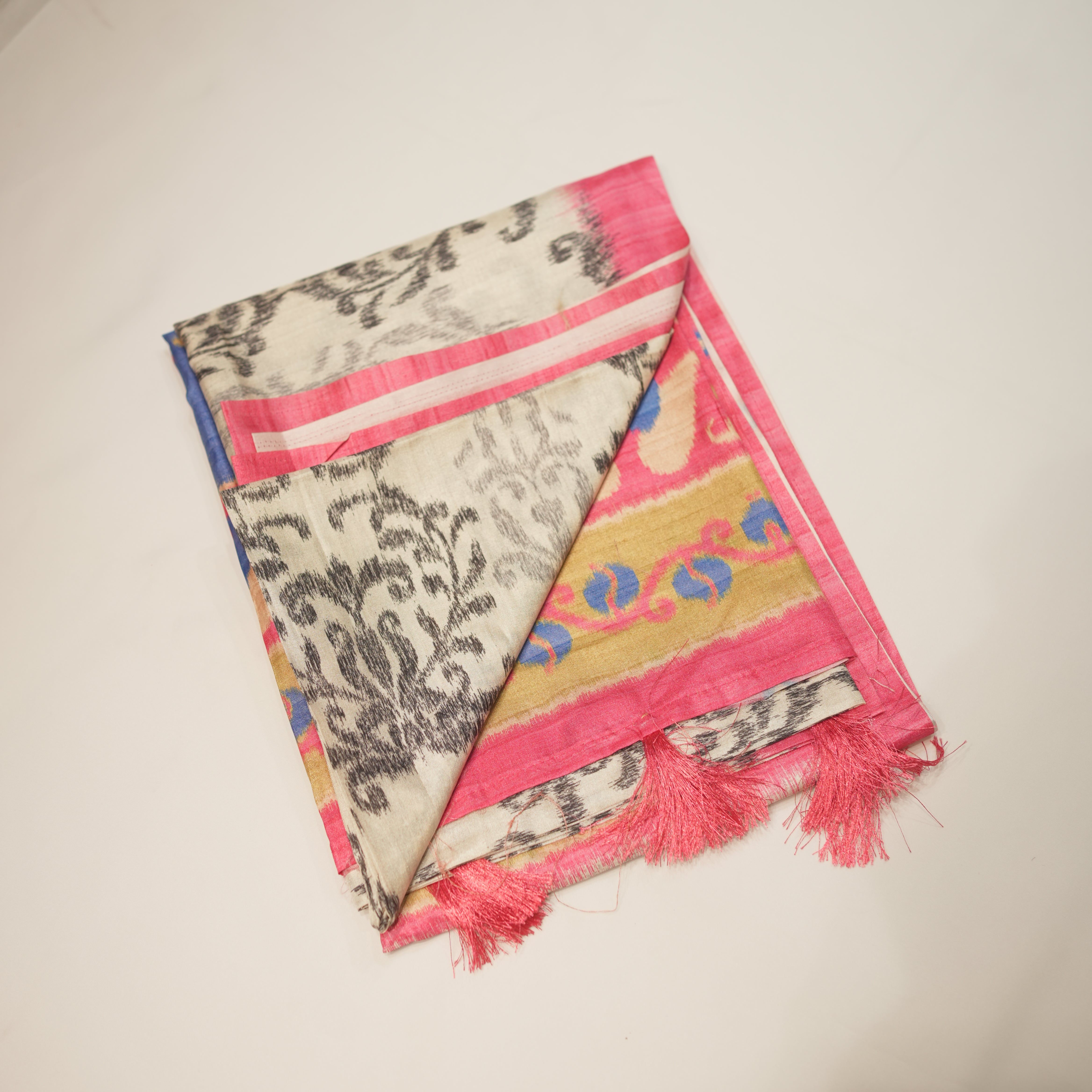 Satin Matka Saree with Ikat Model Body Design with Contrast Blouse
