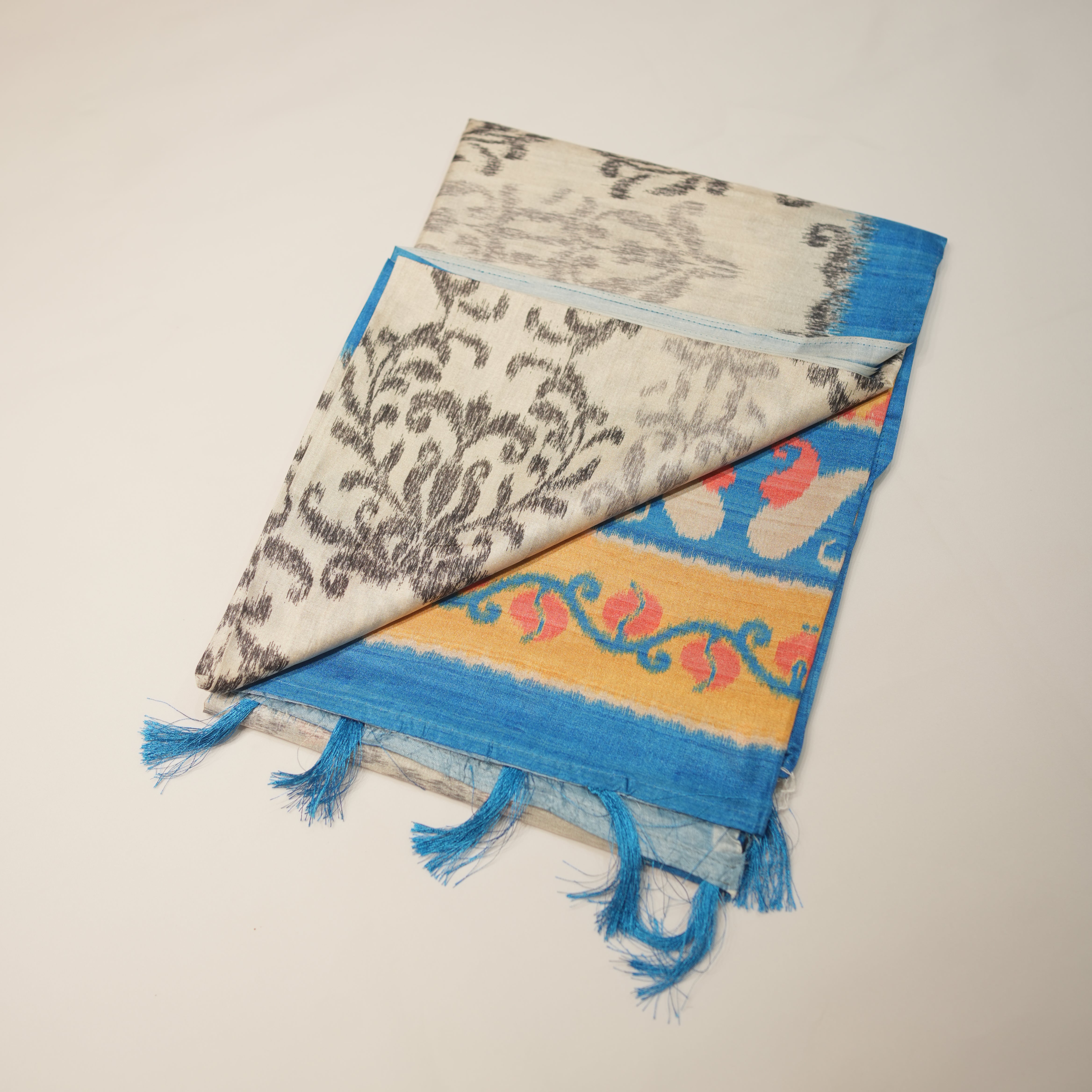 Satin Matka Saree with Ikat Model Body Design with Contrast Blouse