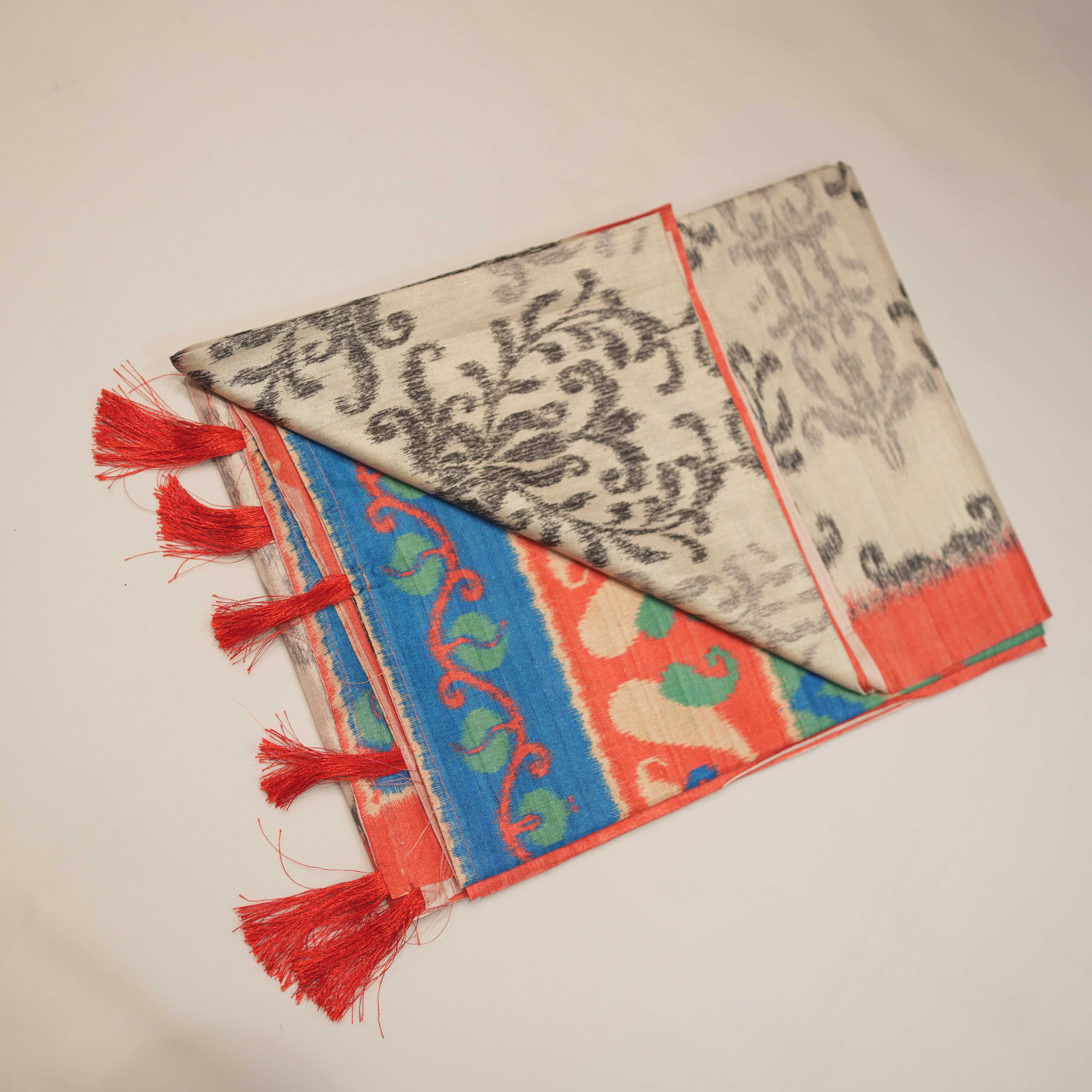 Satin Matka Saree with Ikat Model Body Design with Contrast Blouse