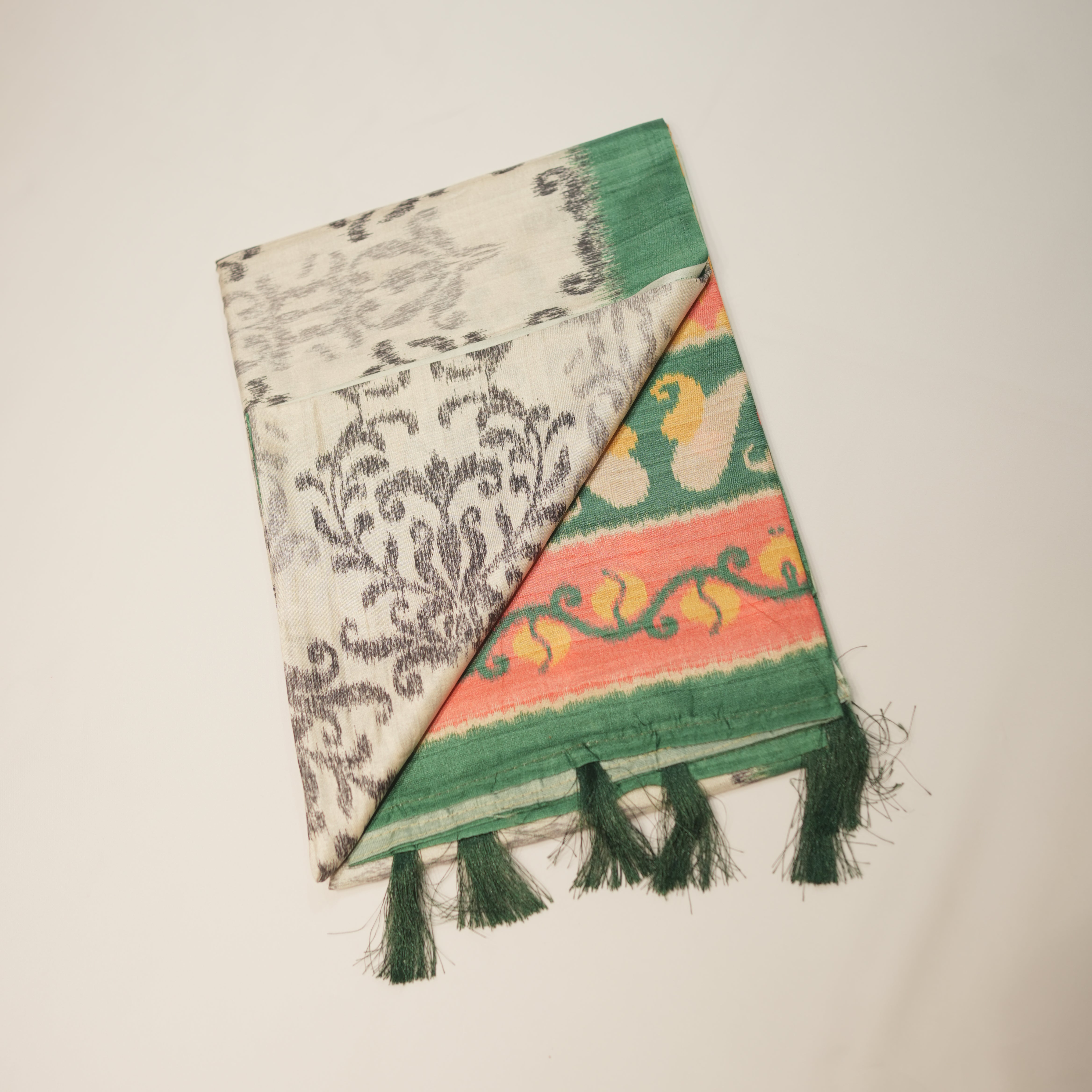 Satin Matka Saree with Ikat Model Body Design with Contrast Blouse