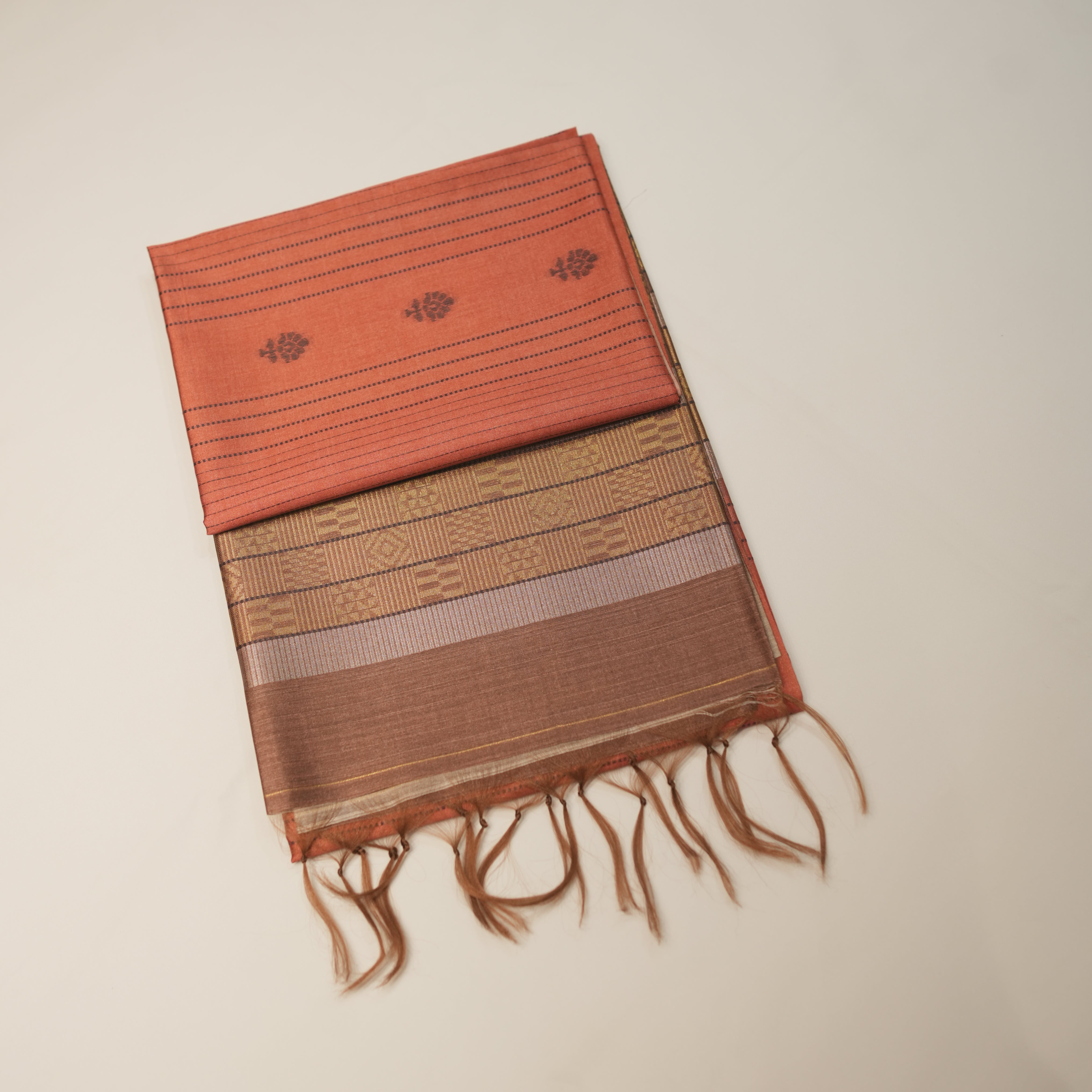 Elegant Striped Dupion Saree with Floral Buttas and Zari Pallu