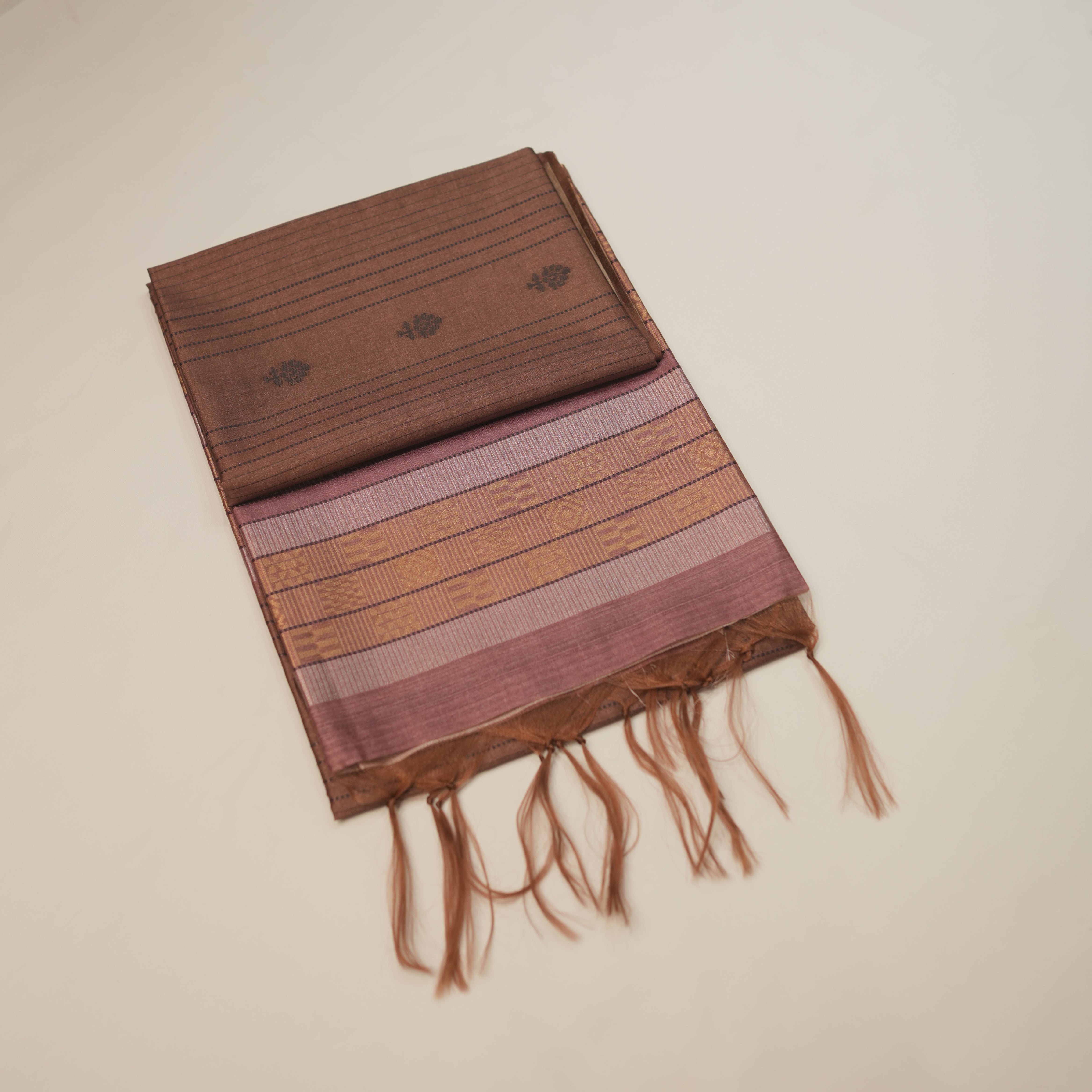 Elegant Striped Dupion Saree with Floral Buttas and Zari Pallu
