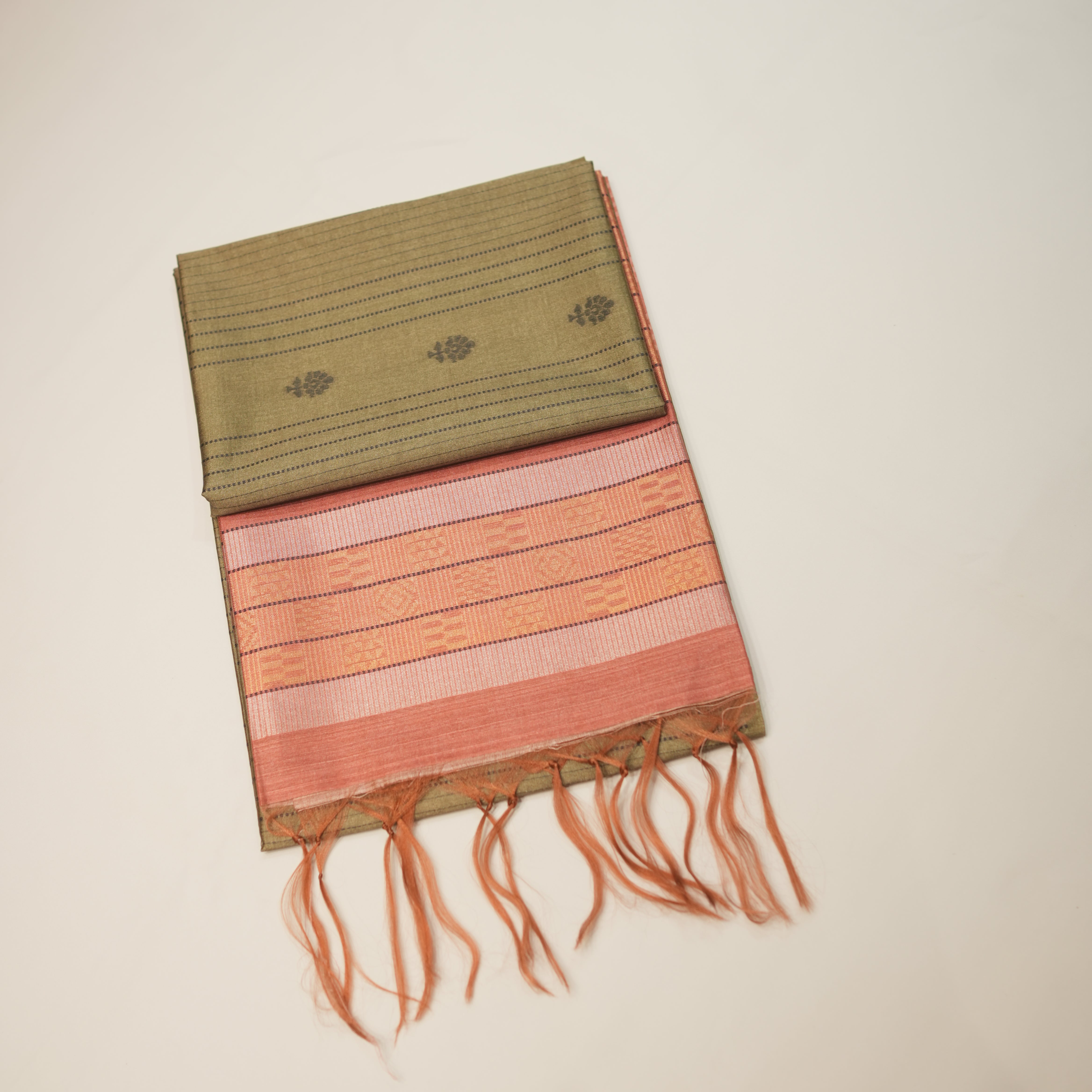 Elegant Striped Dupion Saree with Floral Buttas and Zari Pallu