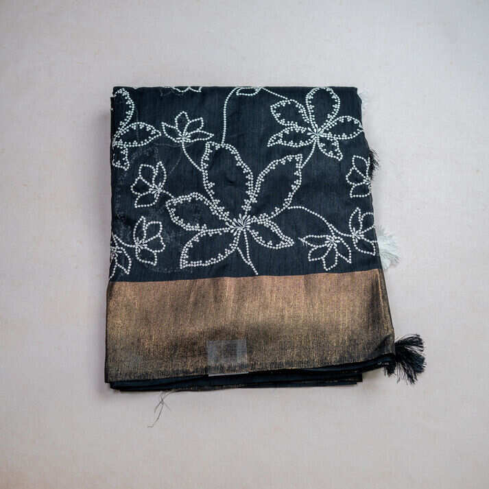 Green Silk Saree with Contrast Floral Embroidery Design