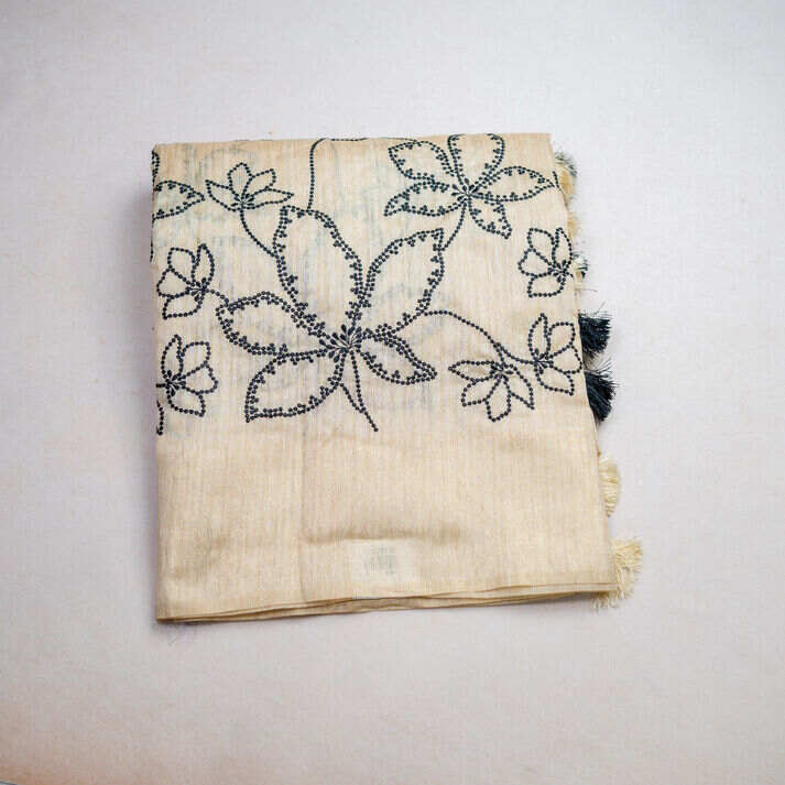Green Silk Saree with Contrast Floral Embroidery Design