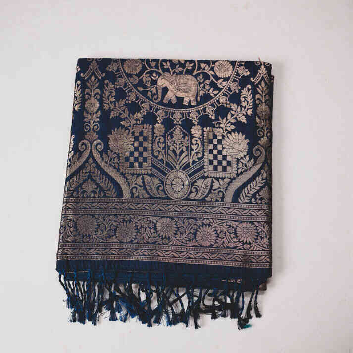 Semi Banaras Saree With Zari Elephant Motif and Cross Lines