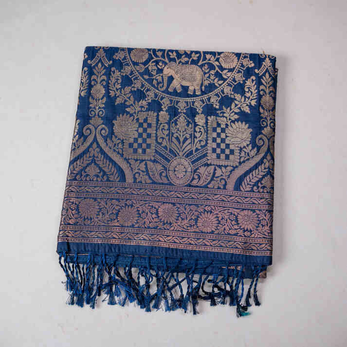 Semi Banaras Saree With Zari Elephant Motif and Cross Lines