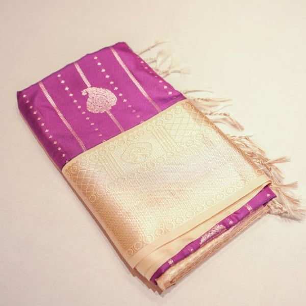 Semi-soft Silk Sarees with Silver & Copper Zari Contrast Border