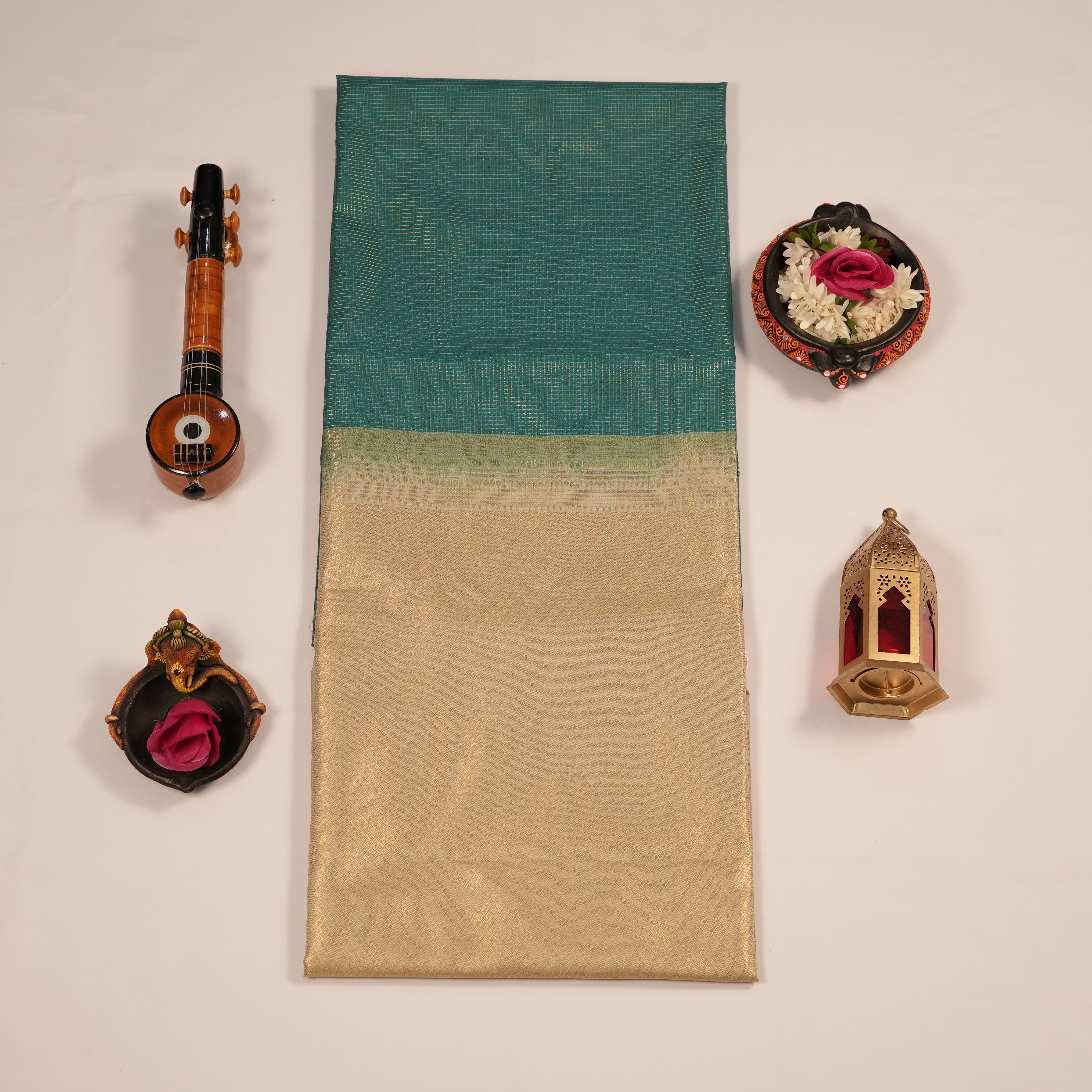 Soft Silk Golden Zari Checks Lines