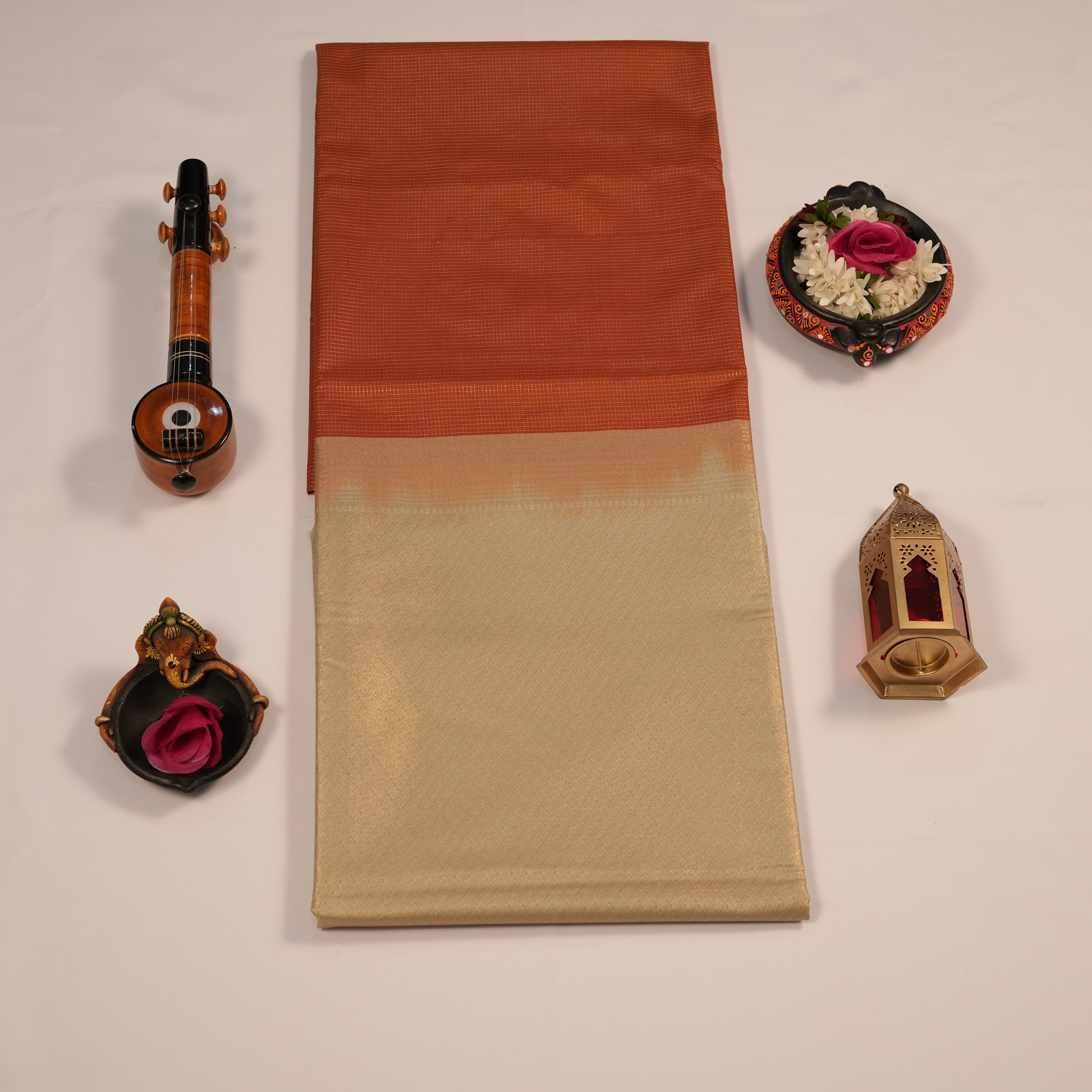 Soft Silk Golden Zari Checks Lines