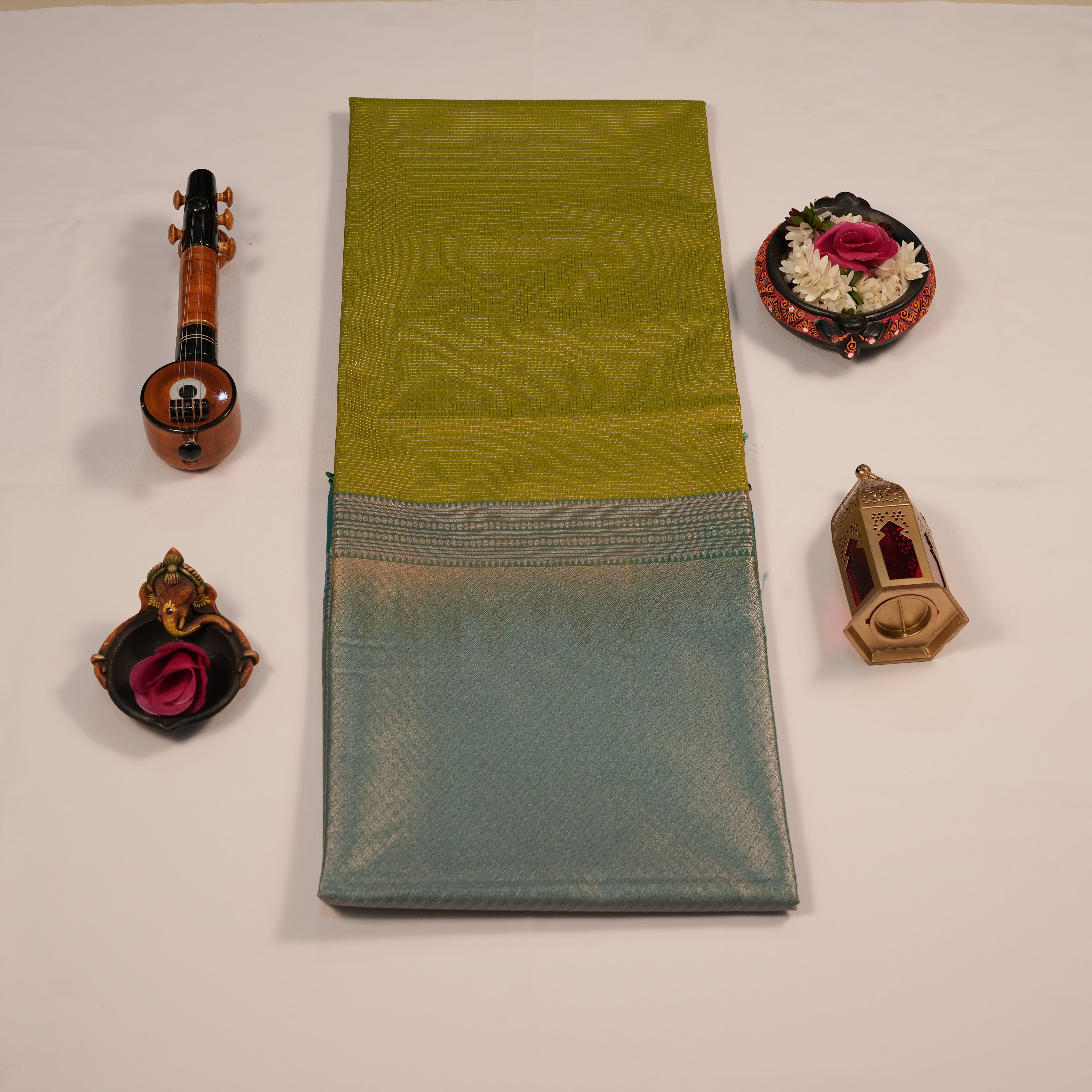 Soft Silk Golden Zari Checks Lines