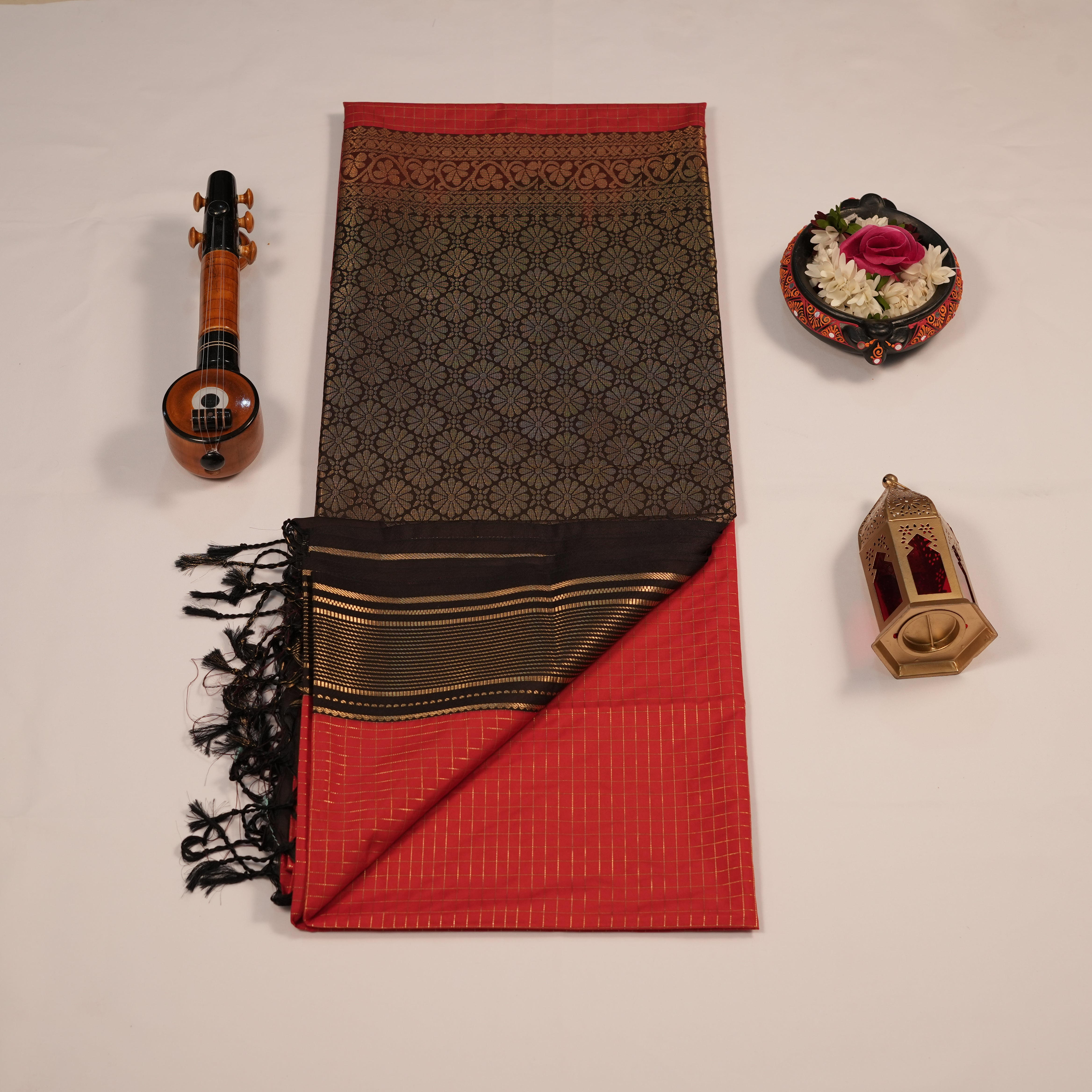 Soft Silk Golden Zari Checks Lines