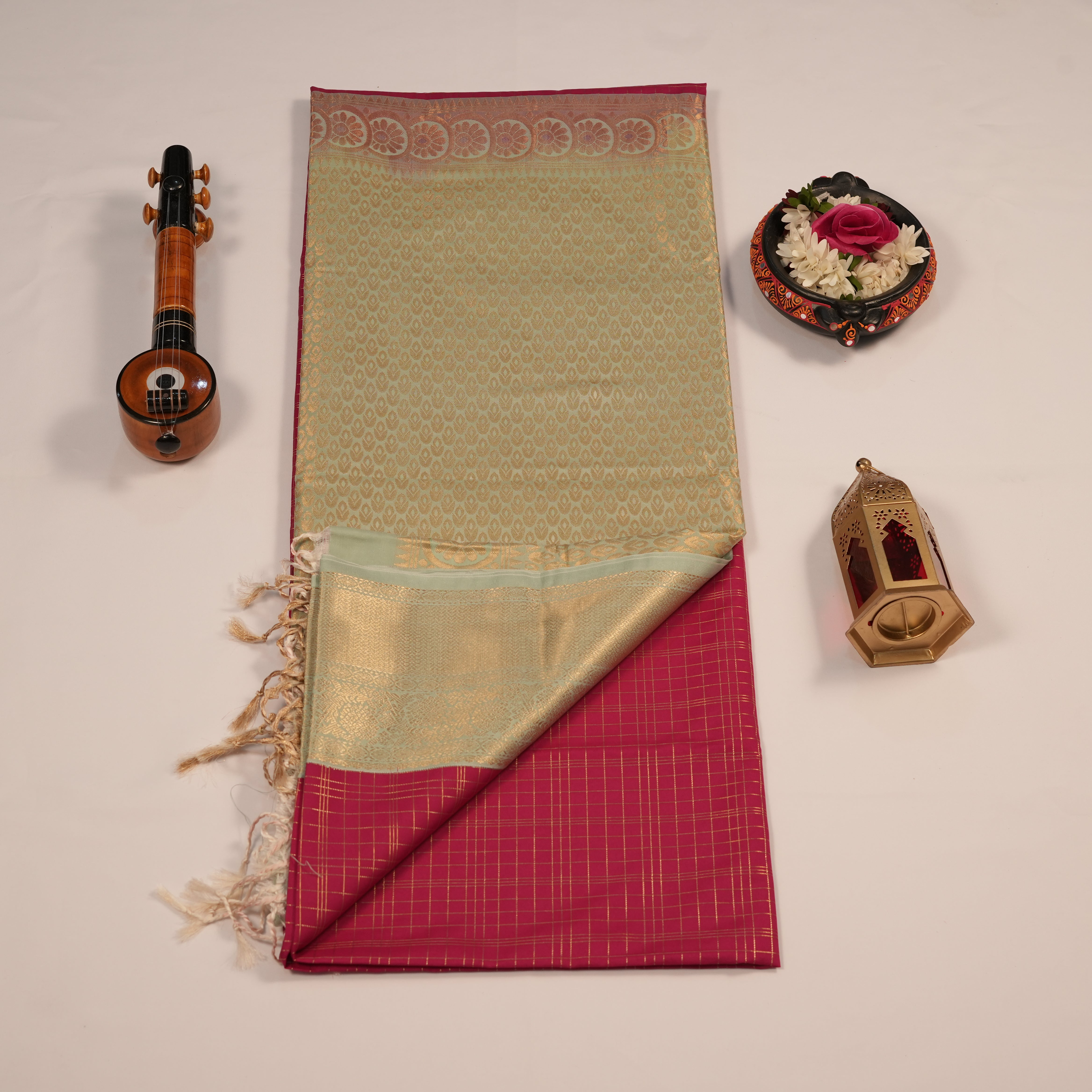 Soft Silk Golden Zari Checks Lines
