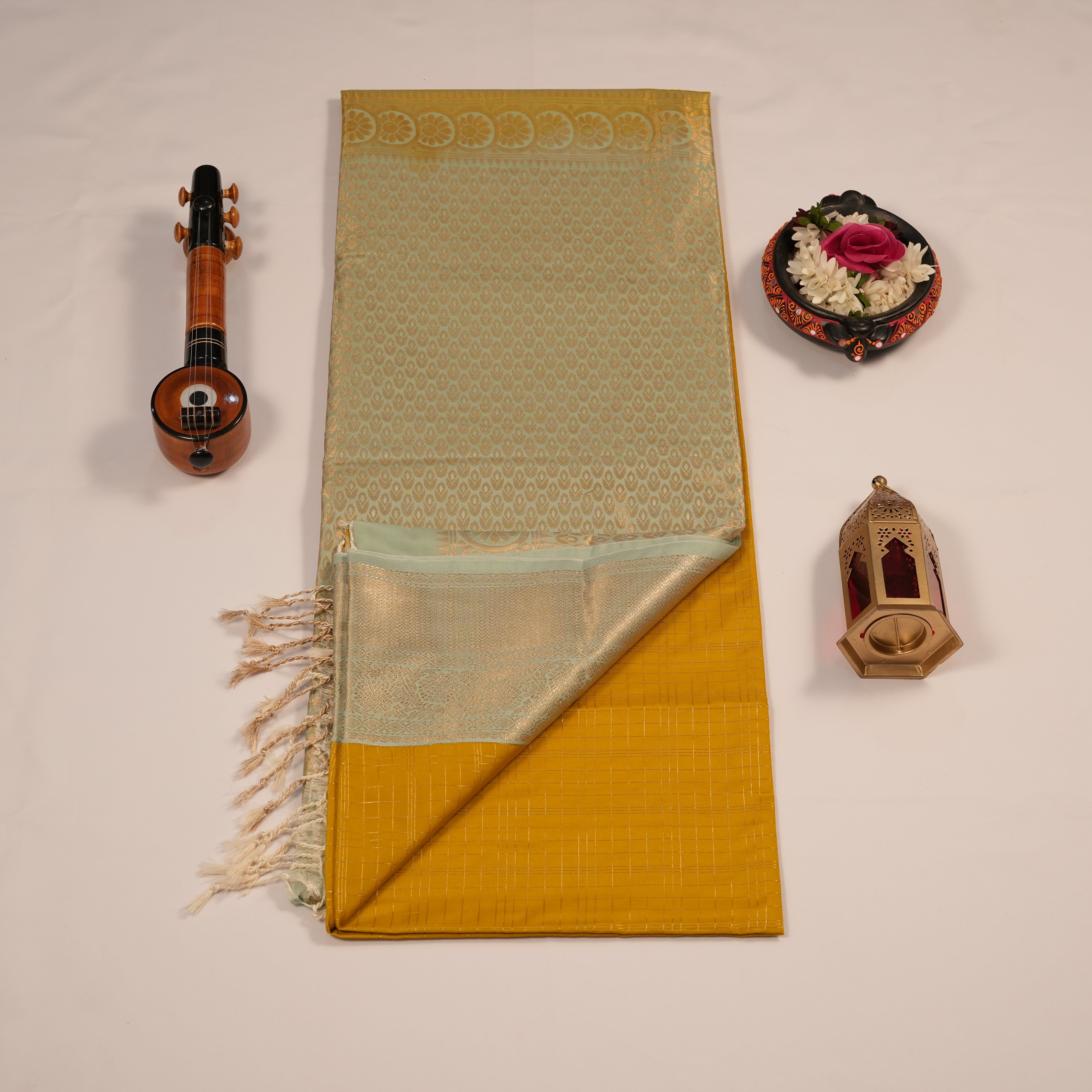 Soft Silk Golden Zari Checks Lines