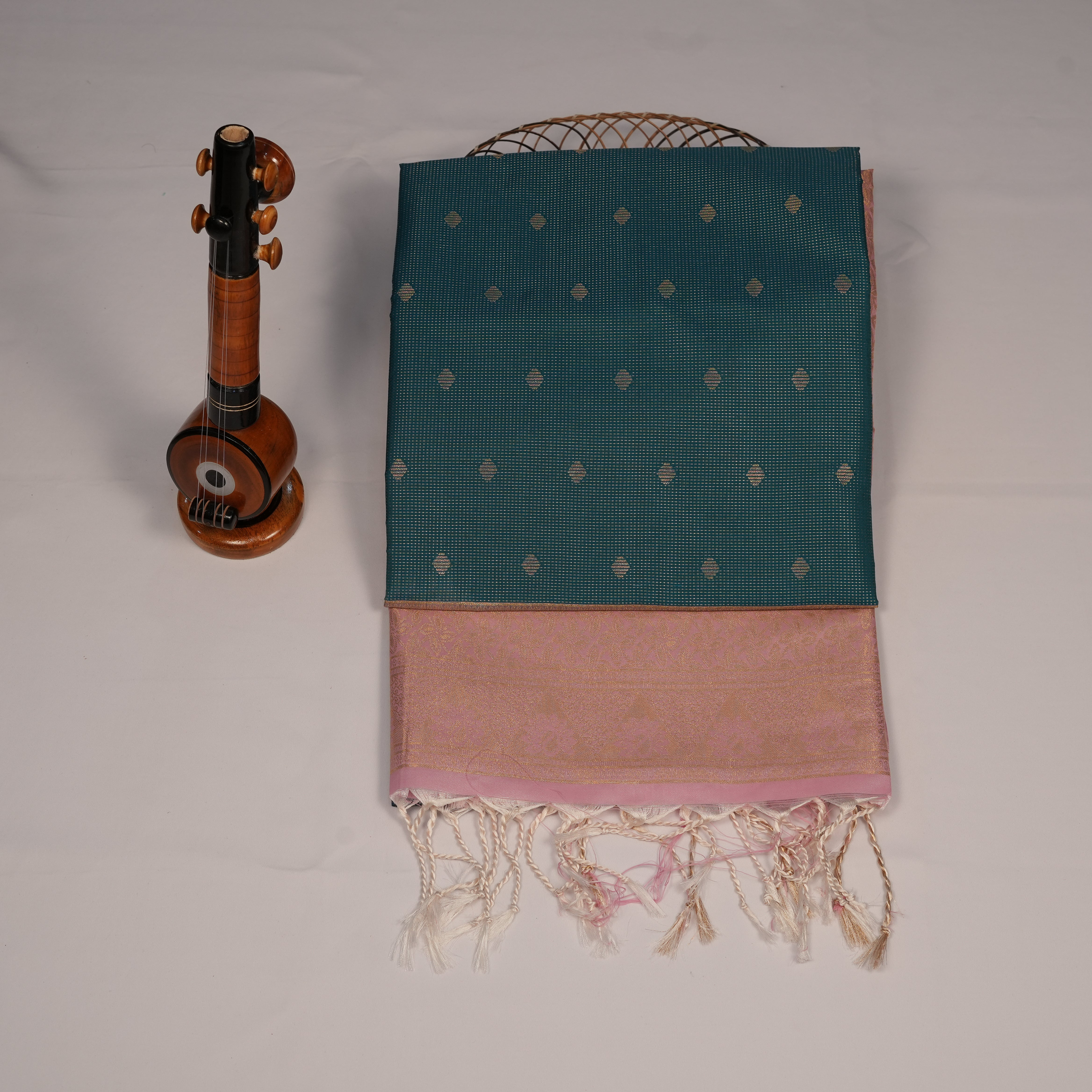 Soft Silk Saree with Golden Zari, Small Butta Floral Leaf Jacquard Pattern