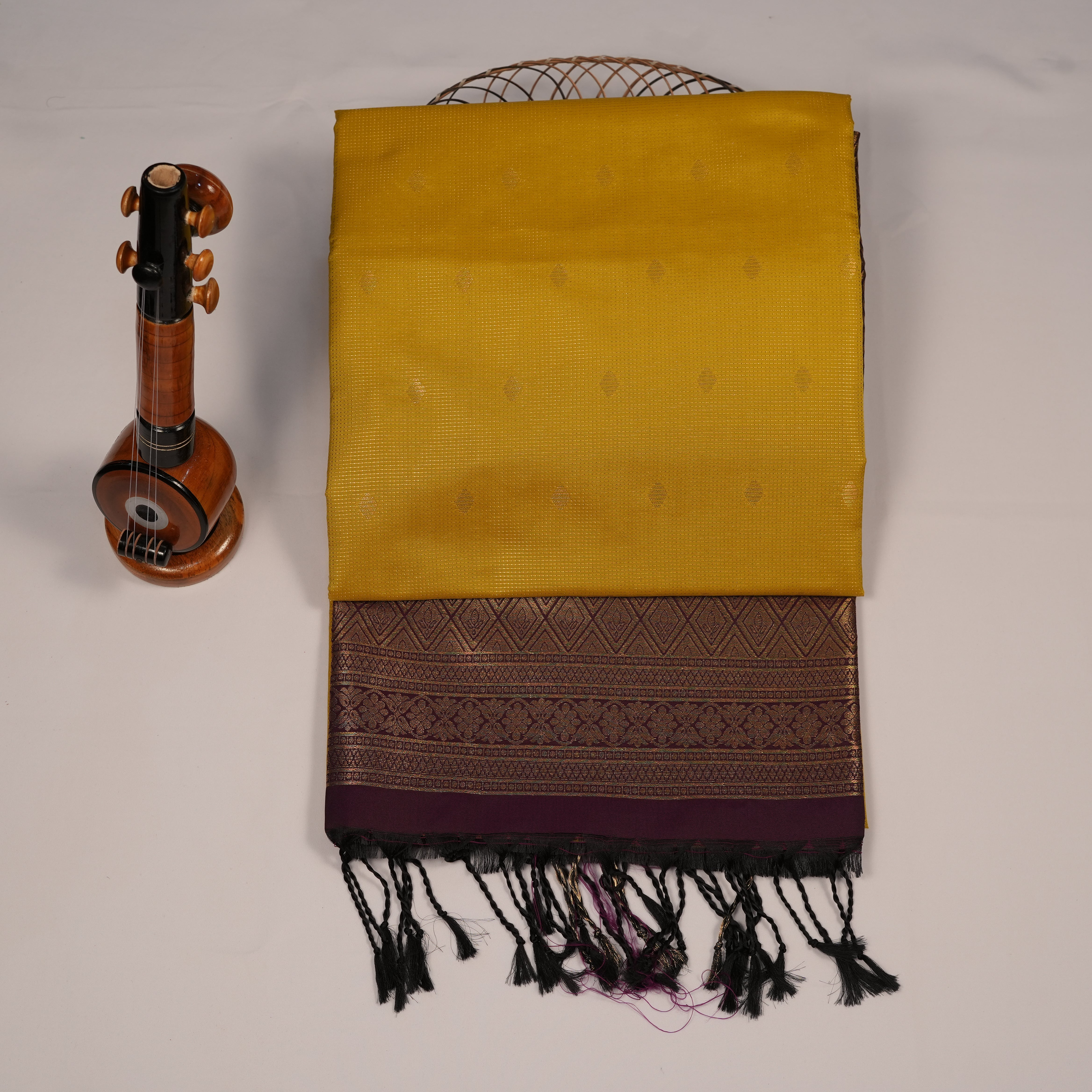 Soft Silk Saree with Golden Zari, Small Butta Floral Leaf Jacquard Pattern