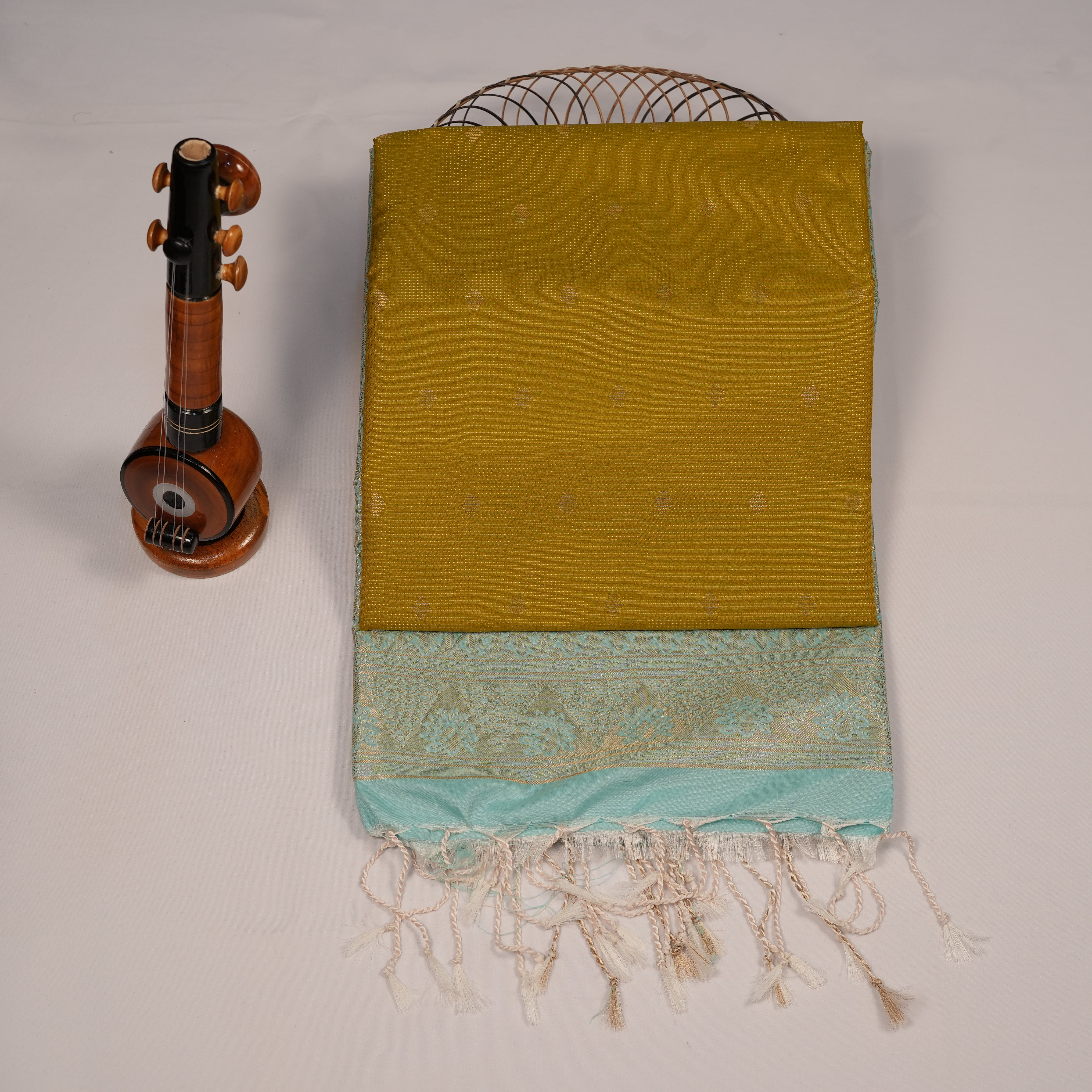 Soft Silk Saree with Golden Zari, Small Butta Floral Leaf Jacquard Pattern