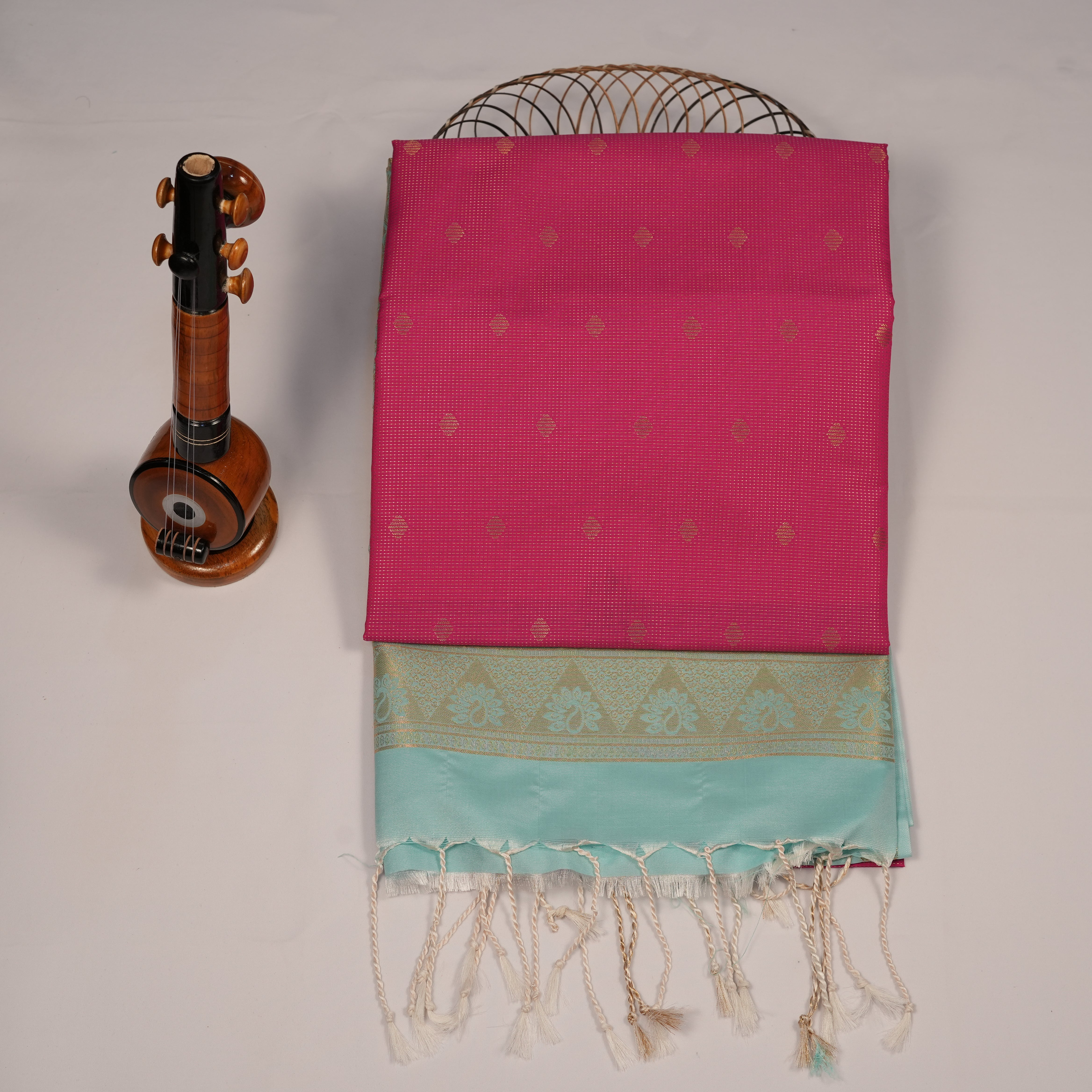 Soft Silk Saree with Golden Zari, Small Butta Floral Leaf Jacquard Pattern