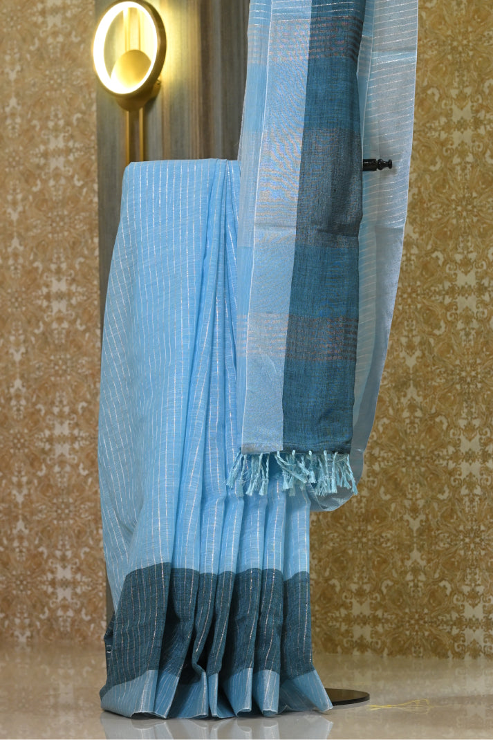 Linen Cotton Sarees with Allover Body Silver Zari Line and Contrast Blue Colour Mixed Border