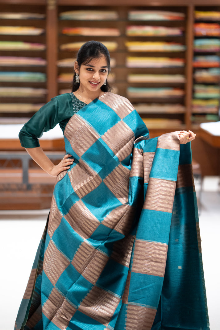Dupion Silks Saree with All-Over Body Multi-Checks & Zari Weaving