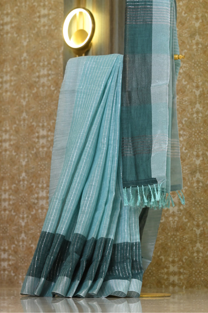 Linen Cotton Sarees with Allover Body Silver Zari Line and Contrast Blue Colour Mixed Border