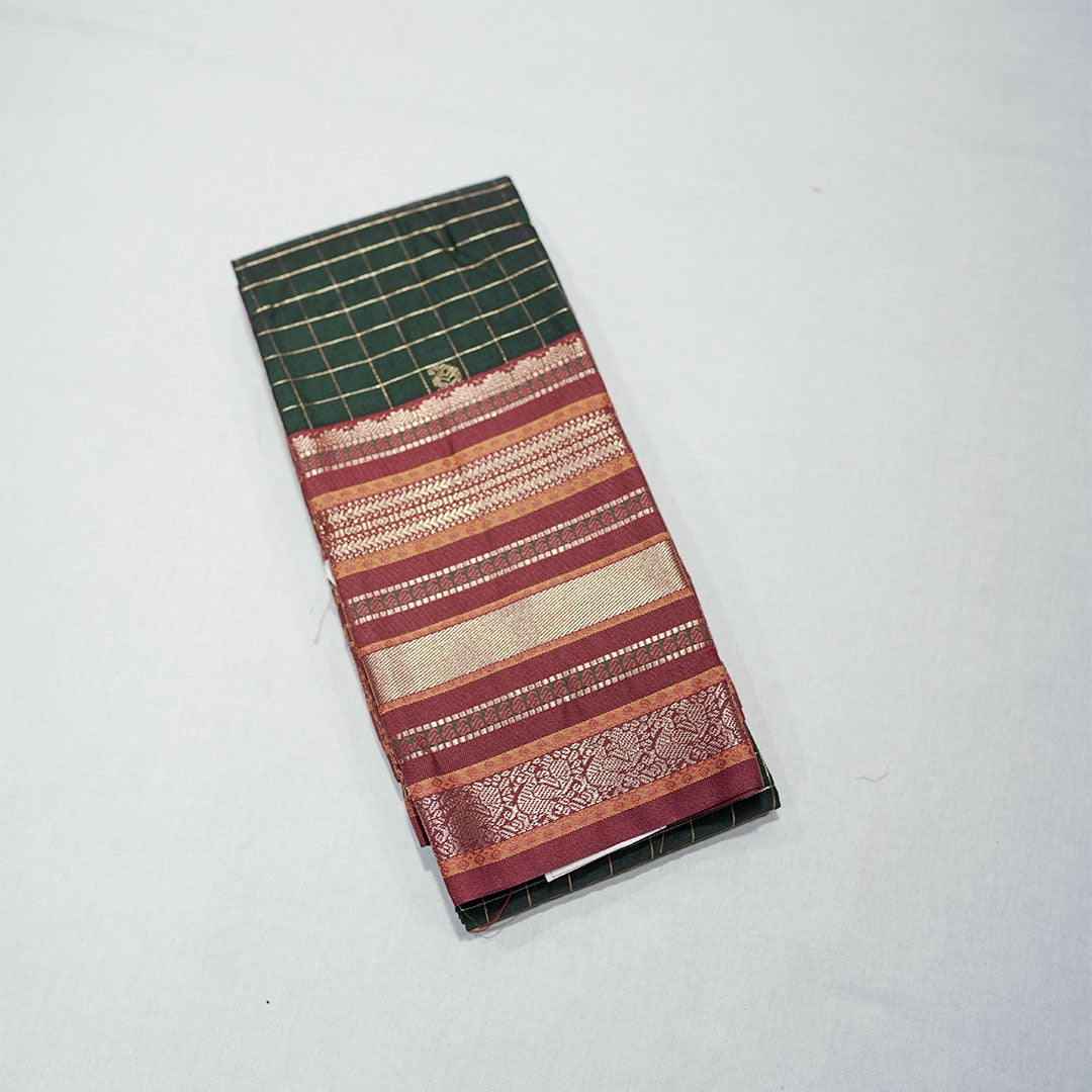 Semi Silk Saree with Checked Body Gold Zari Checks Floral Butta