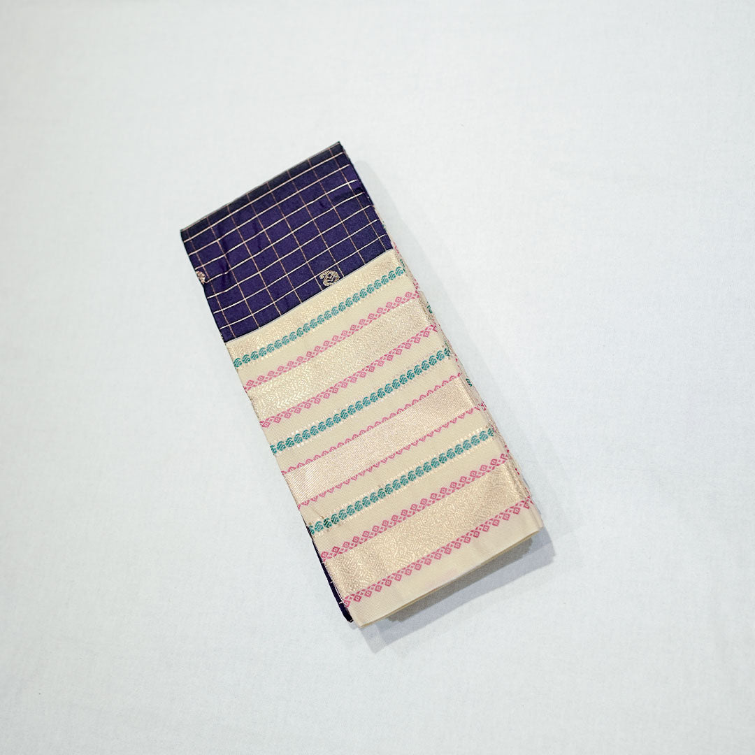 Semi Silk Saree with Checked Body Gold Zari Checks Floral Butta