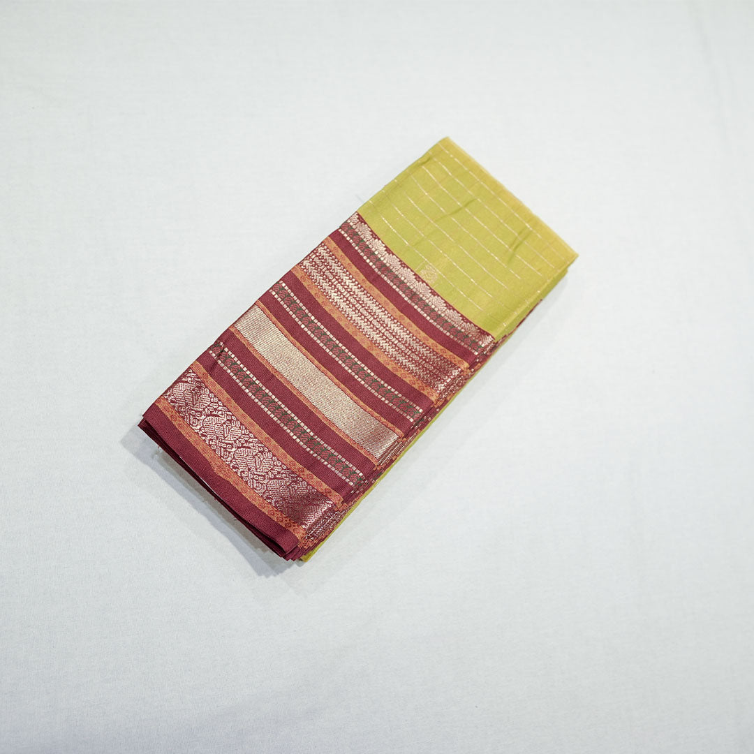 Semi Silk Saree with Checked Body Gold Zari Checks Floral Butta