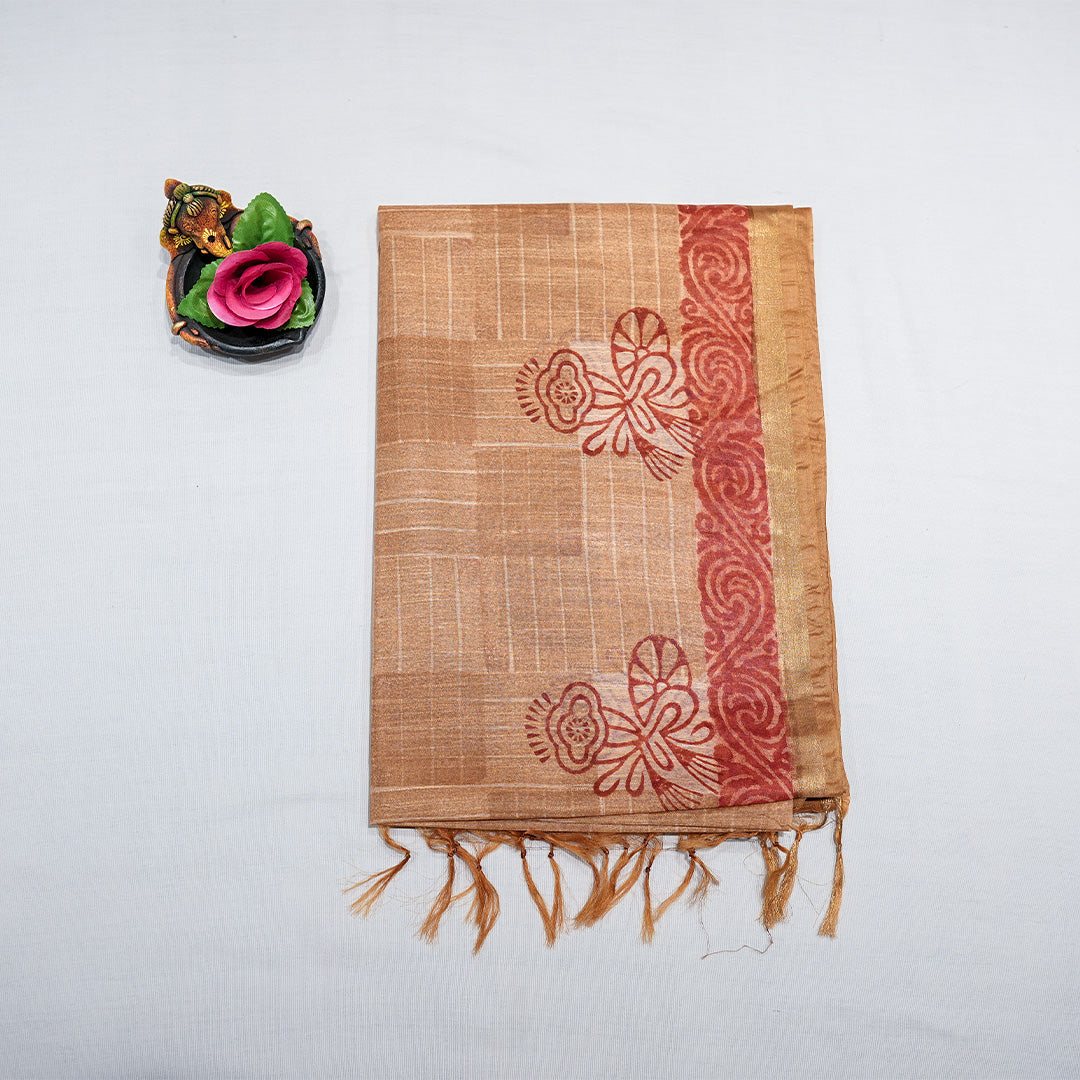 Cotton Saree With a Checked Grid Pattern Body with a Floral Vine Border
