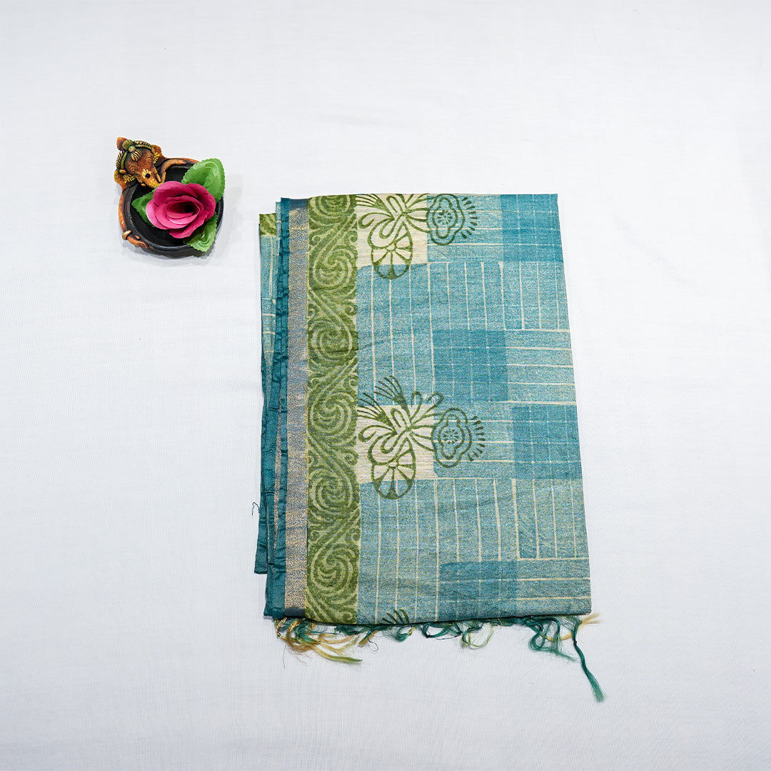 Cotton Saree With a Checked Grid Pattern Body with a Floral Vine Border