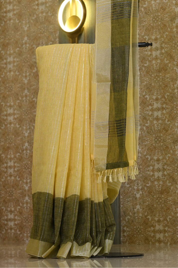 Linen Cotton Sarees with Allover Body Silver Zari Line and Contrast Blue Colour Mixed Border