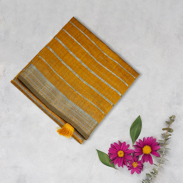 Raw Silk Saree with Striped Silver Zari Weaving