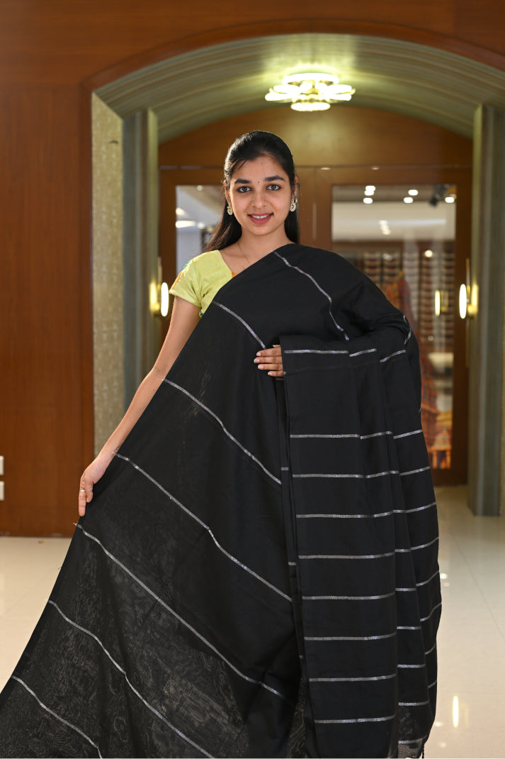 Art Linen Cotton Saree with Silver and Copper Lines Design