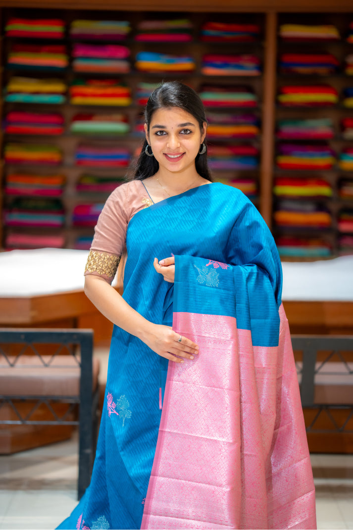 Semi Soft Silks Sarees with Emboss Silver & thread Work Flower Design