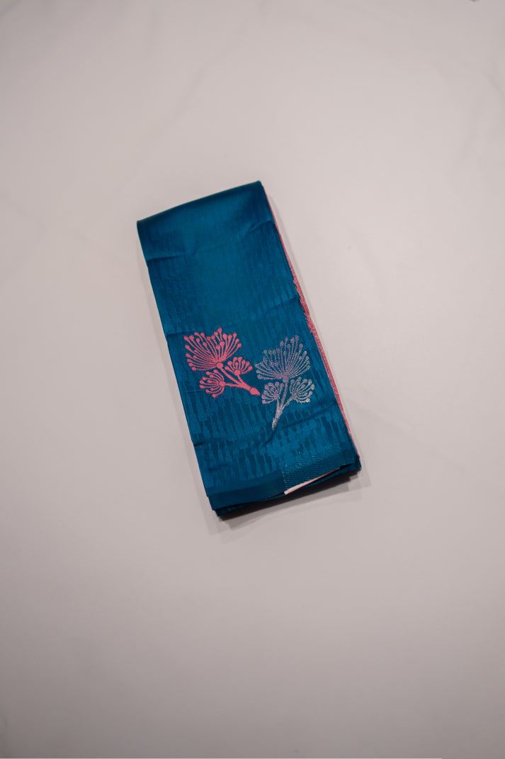 Semi Soft Silks Sarees with Emboss Silver & thread Work Flower Design