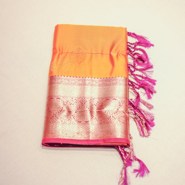 Soft Silk Sarees with All Over Body Silver With Copper Leaf Design