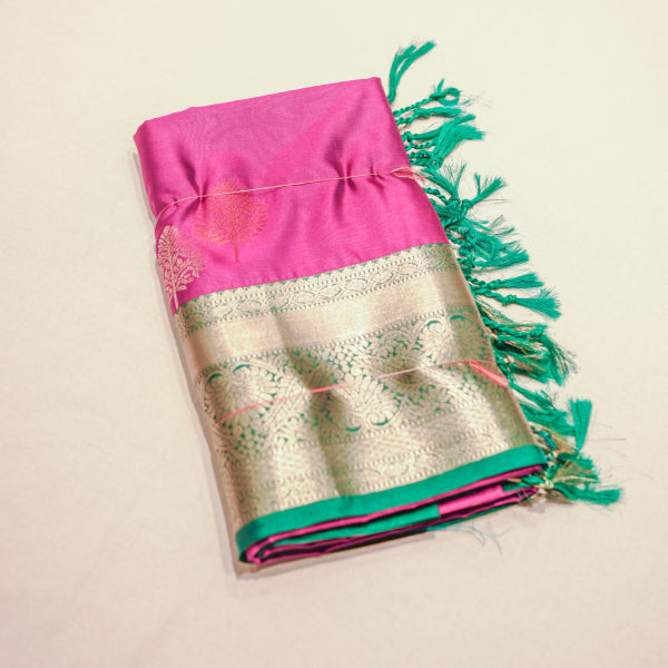 Soft Silk Sarees with All Over Body Silver With Copper Leaf Design