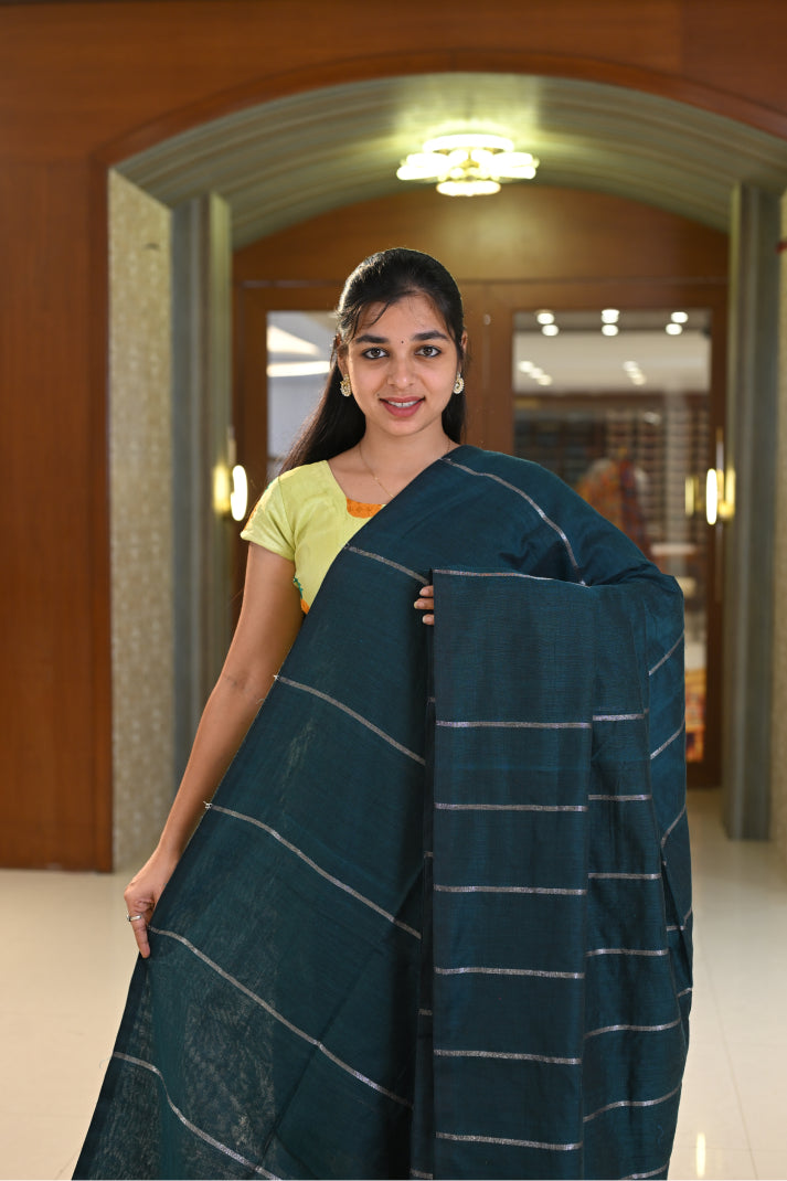 Art Linen Cotton Saree with Silver and Copper Lines Design