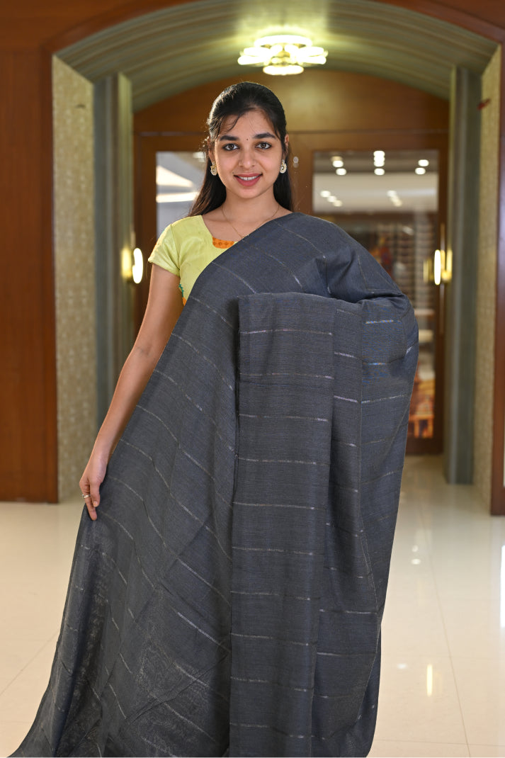 Art Linen Cotton Saree with Silver and Copper Lines Design