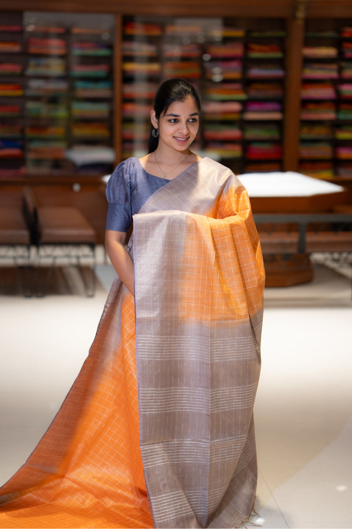 Soft Tissue Sarees with Self-line With Checked Design