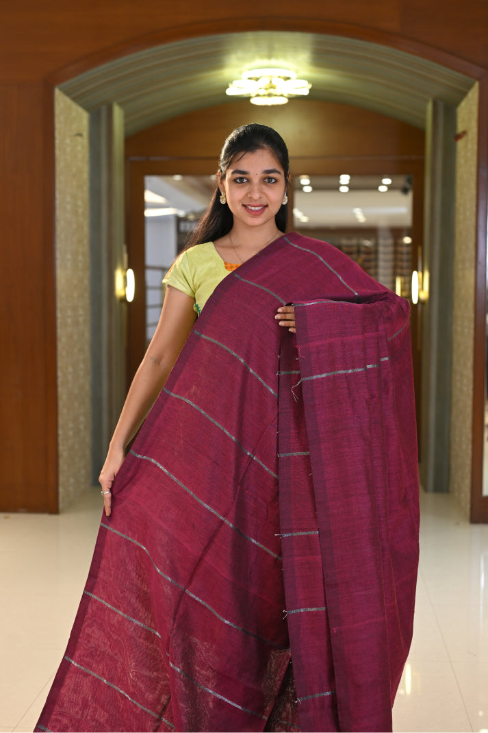 Art Linen Cotton Saree with Silver and Copper Lines Design