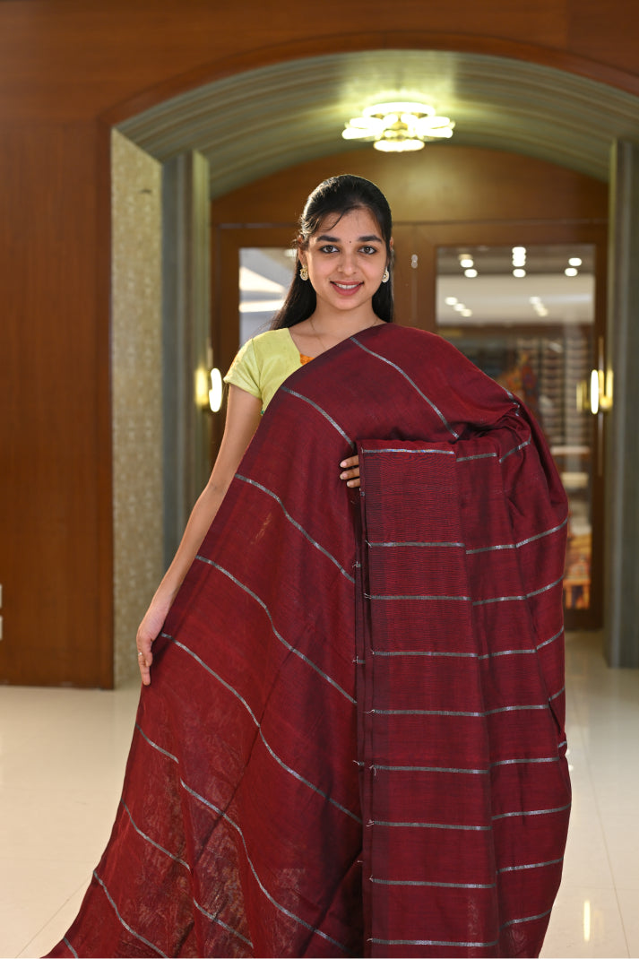 Art Linen Cotton Saree with Silver and Copper Lines Design
