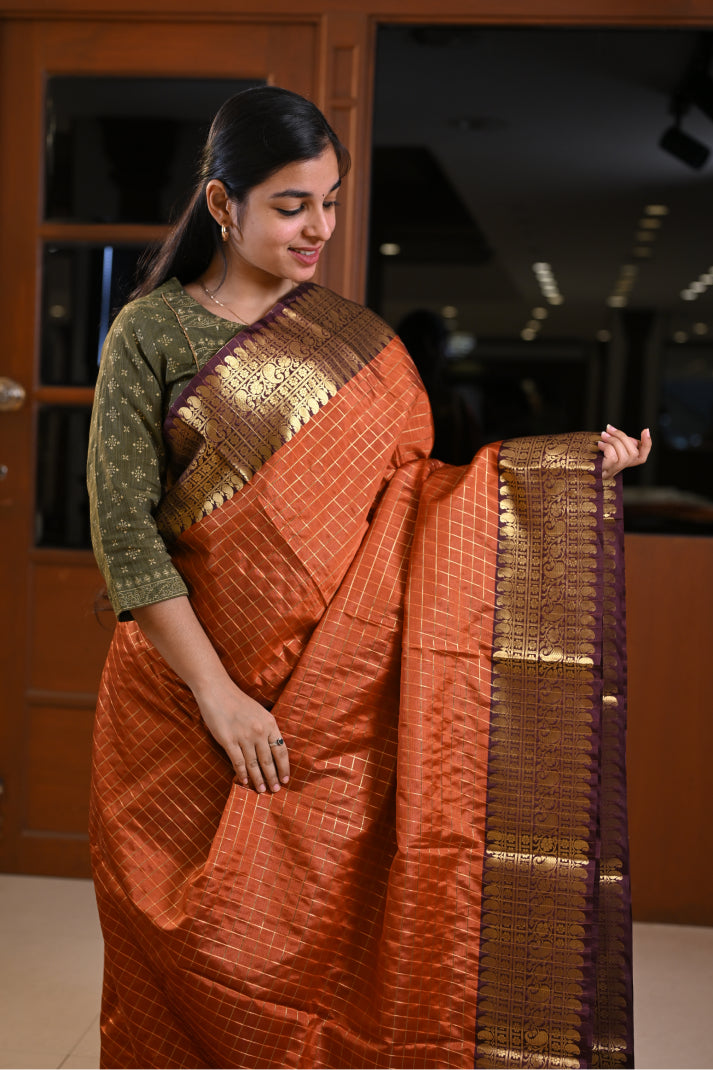Vintage Colour Combination Saree with Allover Body Golden Zari With Checked Design
