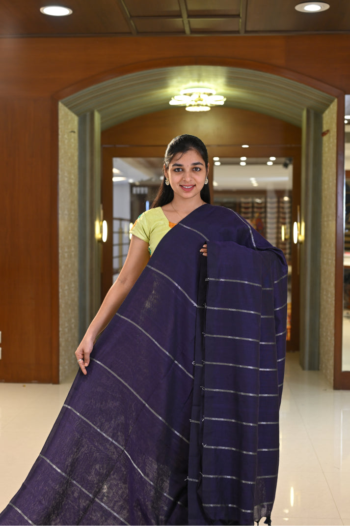 Art Linen Cotton Saree with Silver and Copper Lines Design