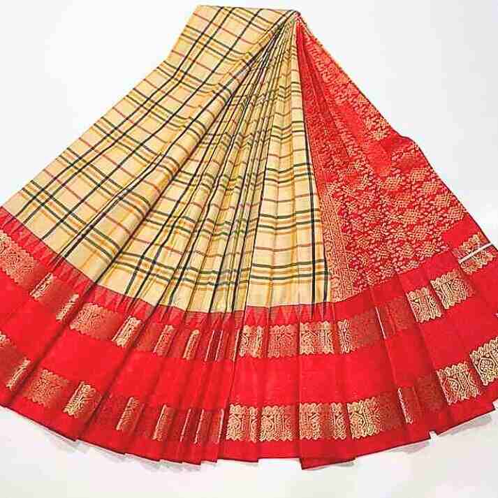 Semi Soft Silk Saree with Checked Design, Border Gold Zari